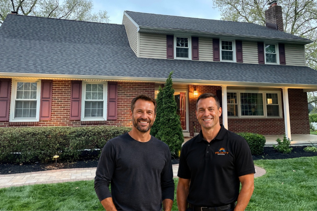 Velocity Energy and Home Solutions team members in front of a completed roofing project